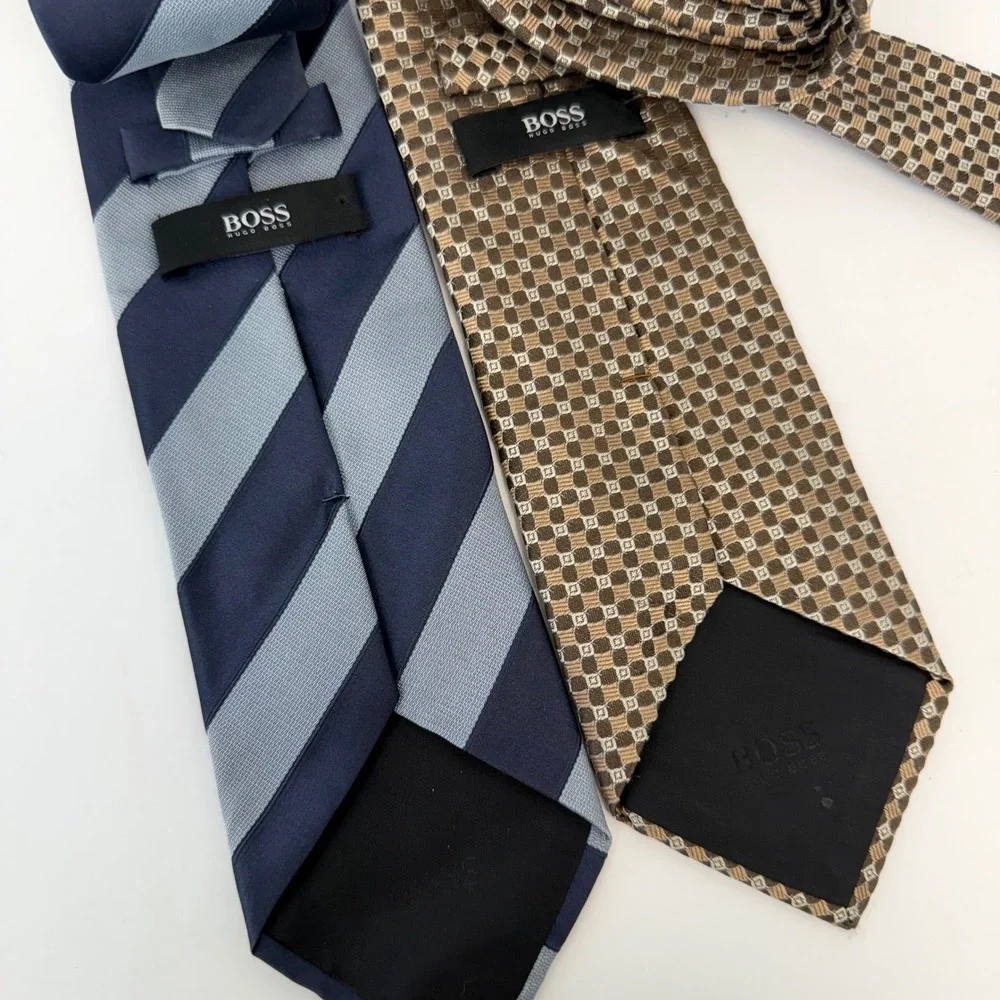 Hugo Boss Tie Lot 2 Silk Navy Stripe Brown Geometric BOSS‎